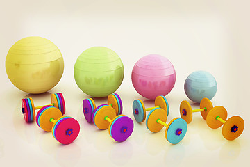 Image showing Fitness ball and dumbell. 3D illustration. Vintage style.