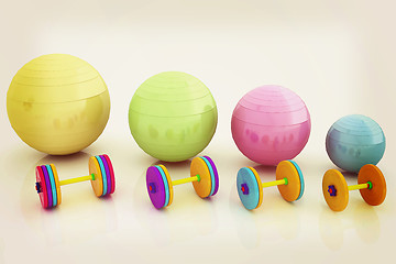 Image showing Fitness ball and dumbell. 3D illustration. Vintage style.