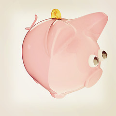 Image showing Piggy bank with gold coin on white. 3D illustration. Vintage sty