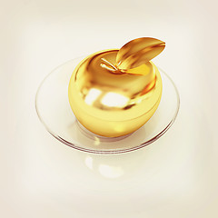 Image showing Gold apple on a plate. 3D illustration. Vintage style.