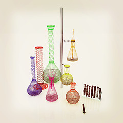 Image showing Chemistry set, with test tubes, and beakers filled with colored 