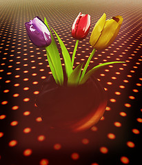 Image showing Tulips with leaf in vase. 3D illustration. Vintage style.