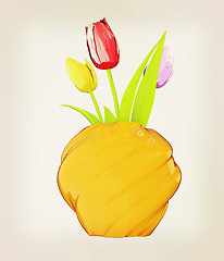 Image showing Tulips with leaf in vase. 3D illustration. Vintage style.