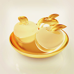 Image showing Glass apple on a plate. 3D illustration. Vintage style.