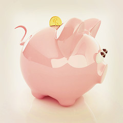 Image showing Piggy bank with gold coin on white. 3D illustration. Vintage sty