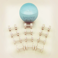 Image showing Fitness ball and dumbell. 3D illustration. Vintage style.