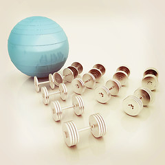 Image showing Fitness ball and dumbell. 3D illustration. Vintage style.