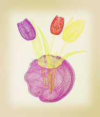 Image showing Tulips with leaf in vase. 3D illustration. Vintage style.