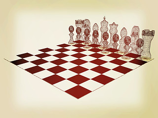 Image showing Chessboard with chess pieces. 3D illustration. Vintage style.