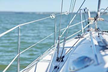 Image showing close up of sailboat or sailing yacht deck in sea