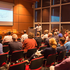 Image showing Business speaker giving a talk in conference hall.