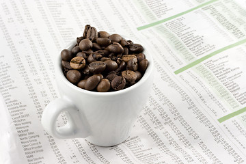 Image showing Classic espresso cup on financial pages