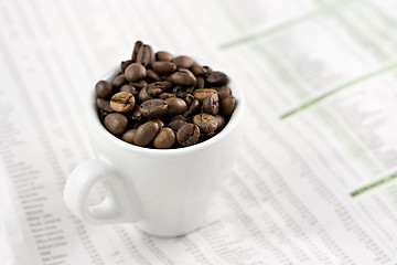 Image showing Classic espresso cup on financial pages