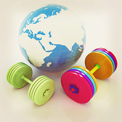 Image showing dumbbells and earth. 3D illustration. Vintage style.