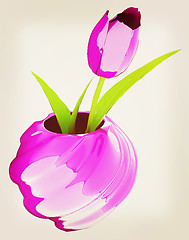 Image showing Tulips with leaf in vase. 3D illustration. Vintage style.