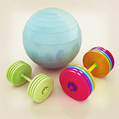 Image showing Fitness ball and dumbell. 3D illustration. Vintage style.