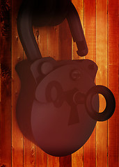 Image showing Old padlock on a wooden door. 3D illustration. Vintage style.