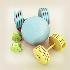 Image showing Fitness ball and dumbell. 3D illustration. Vintage style.