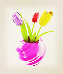 Image showing Tulips with leaf in vase. 3D illustration. Vintage style.