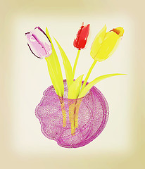 Image showing Tulips with leaf in vase. 3D illustration. Vintage style.