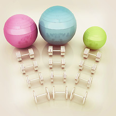 Image showing Fitness ball and dumbell. 3D illustration. Vintage style.