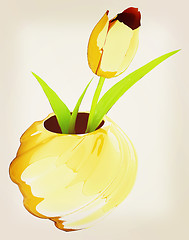 Image showing Tulips with leaf in vase. 3D illustration. Vintage style.