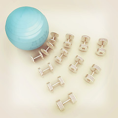 Image showing Fitness ball and dumbell. 3D illustration. Vintage style.