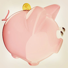 Image showing Piggy bank with gold coin on white. 3D illustration. Vintage sty