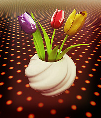 Image showing Tulips with leaf in vase. 3D illustration. Vintage style.