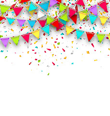 Image showing Colorful Background with Hanging Bunting and Confetti for Your Party