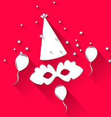 Image showing Carnival background with party hat, balloons, and mask