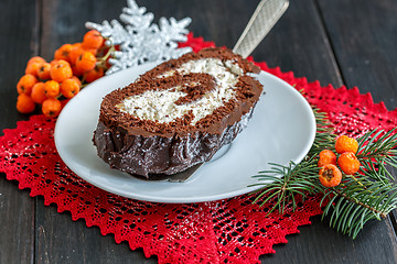 Image showing Piece of cake Traditional Christmas log.