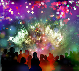 Image showing bright sparkling fireworks, confetti and illustrated spectator s