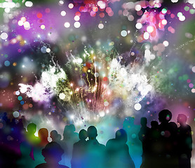 Image showing bright sparkling fireworks, confetti and illustrated spectator s