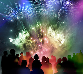 Image showing bright sparkling fireworks and illustrated spectator silhouettes