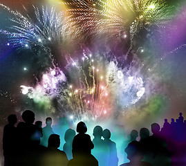 Image showing bright sparkling fireworks and illustrated spectator silhouettes