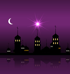 Image showing Silhouette of Mosque Against Night Sky with Crescent Moon