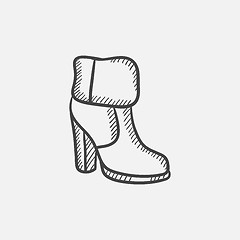 Image showing High-heeled ankle boot with fur sketch icon.