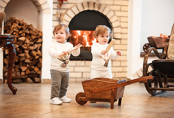 Image showing The two little girls standing at home against fireplace