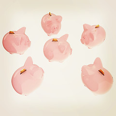 Image showing gold coin with with the piggy banks. 3D illustration. Vintage st