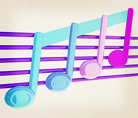 Image showing 3D music note on staves. 3D illustration. Vintage style.