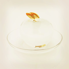 Image showing Glass apple on a plate. 3D illustration. Vintage style.