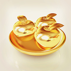 Image showing Gold apples on a plate. 3D illustration. Vintage style.