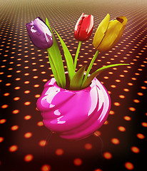 Image showing Tulips with leaf in vase. 3D illustration. Vintage style.