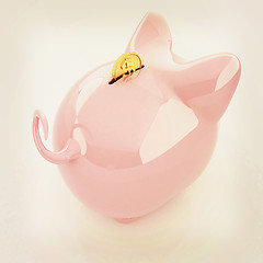 Image showing Piggy bank with gold coin on white. 3D illustration. Vintage sty