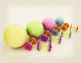 Image showing Fitness ball and dumbell. 3D illustration. Vintage style.