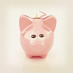 Image showing Piggy bank with gold coin on white. 3D illustration. Vintage sty