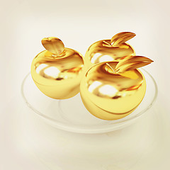 Image showing Gold apples on a plate. 3D illustration. Vintage style.