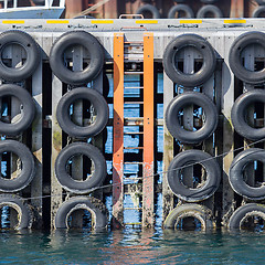 Image showing Mooring wall with car tires