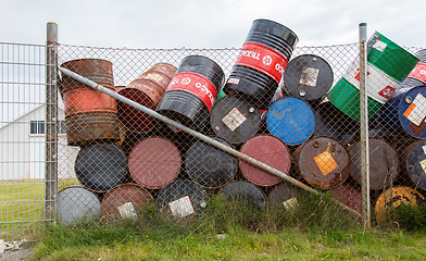 Image showing AKRANES, ICELAND - AUGUST 1, 2016: Oil barrels or chemical drums